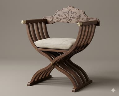 An elegant X-frame armchair made from dark wood, featuring a curved, slatted design and a carved backrest with floral motifs. It includes brass accents and a light-colored upholstered seat cushion. — 3D model