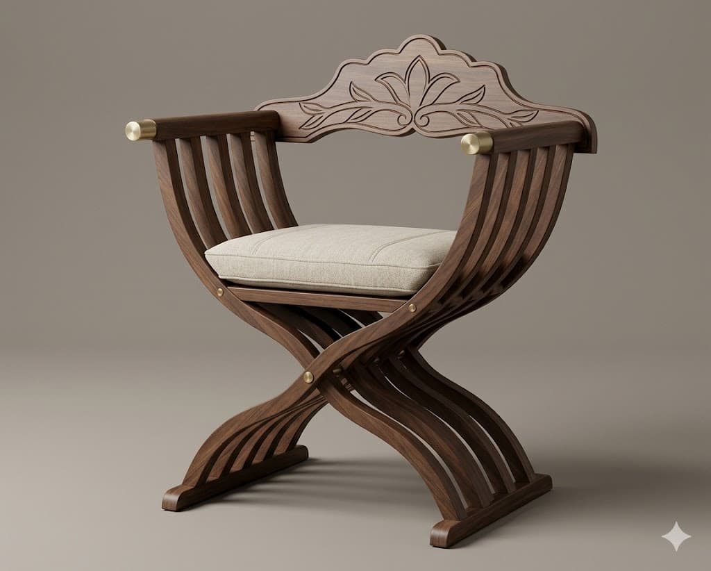 An elegant X-frame armchair made from dark wood, featuring a curved, slatted design and a carved backrest with floral motifs. It includes brass accents and a light-colored upholstered seat cushion. — 3D model