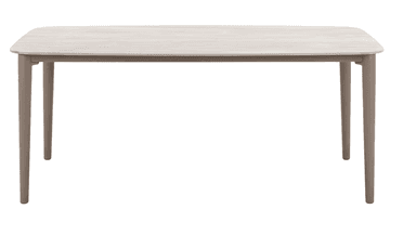 A modern rectangular dining table featuring a light wood grain tabletop with gently rounded corners and four subtly tapered legs in a muted grey finish. The design is clean and minimalist, highlighting the two-tone aesthetic. — 3D model