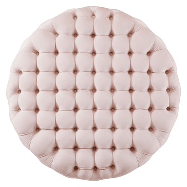 A circular, upholstered ottoman in a light pink velvet fabric, featuring deep button tufting across its entire surface, creating a classic, plush aesthetic. The tufting is consistent across the top and sides, giving it a uniform, luxurious texture. — 3D model