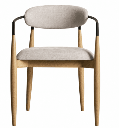 A contemporary armchair featuring a light-toned solid wood frame, light grey fabric upholstery on the seat and rounded backrest, and sleek black metal armrests. — 3D model