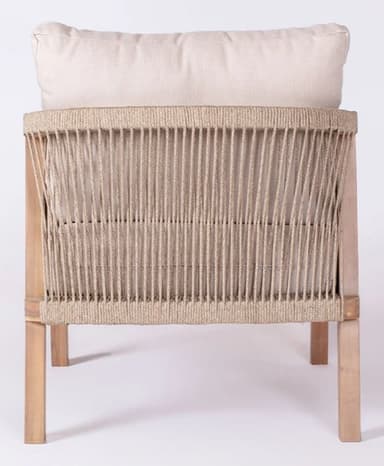 A contemporary lounge chair featuring a light-colored wooden frame with an open weave of natural-toned rope forming the back and sides. It is equipped with a plush, light beige fabric cushion for the backrest, suggesting comfort and a relaxed seating experience. The chair has a clean, minimalist aesthetic with visible structural elements. — 3D model