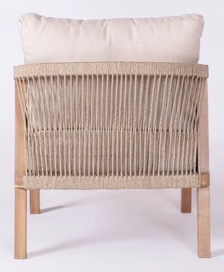 A contemporary lounge chair featuring a light-colored wooden frame with an open weave of natural-toned rope forming the back and sides. It is equipped with a plush, light beige fabric cushion for the backrest, suggesting comfort and a relaxed seating experience. The chair has a clean, minimalist aesthetic with visible structural elements. — 3D model