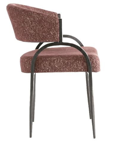 An upholstered armchair featuring a dark, possibly wrought iron, frame and a reddish-brown textured fabric. The backrest is curved and integrated with the armrests, which are formed by continuous metal tubing. The legs are slender and tapered. The seat cushion is separate from the frame but matches the back and armrest upholstery. — 3D model