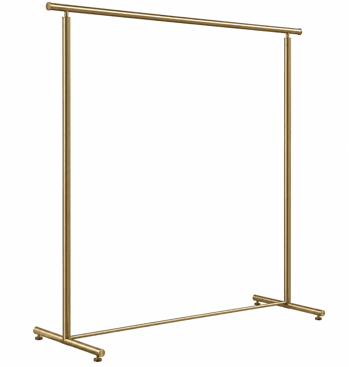 A minimalist, freestanding garment rack constructed from gold-finished metal tubing. It features a single horizontal bar for hanging clothes, supported by two vertical posts that extend downwards to form T-shaped bases with adjustable leveler feet. The design is simple and modern, emphasizing functionality and a clean aesthetic. — 3D model