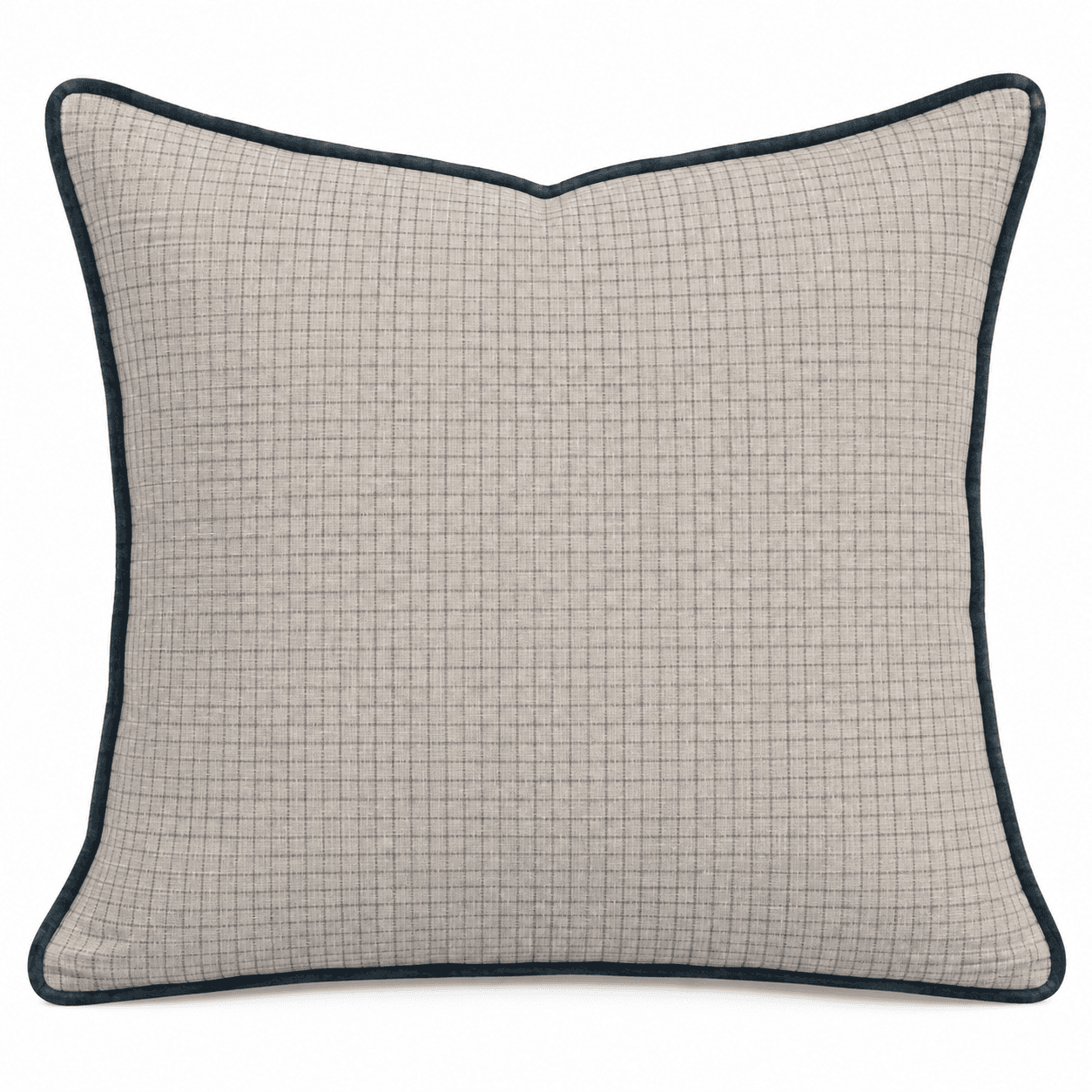 A square decorative throw pillow featuring a subtle beige grid pattern on a light background, finished with a contrasting dark blue piped edge. — 3D model
