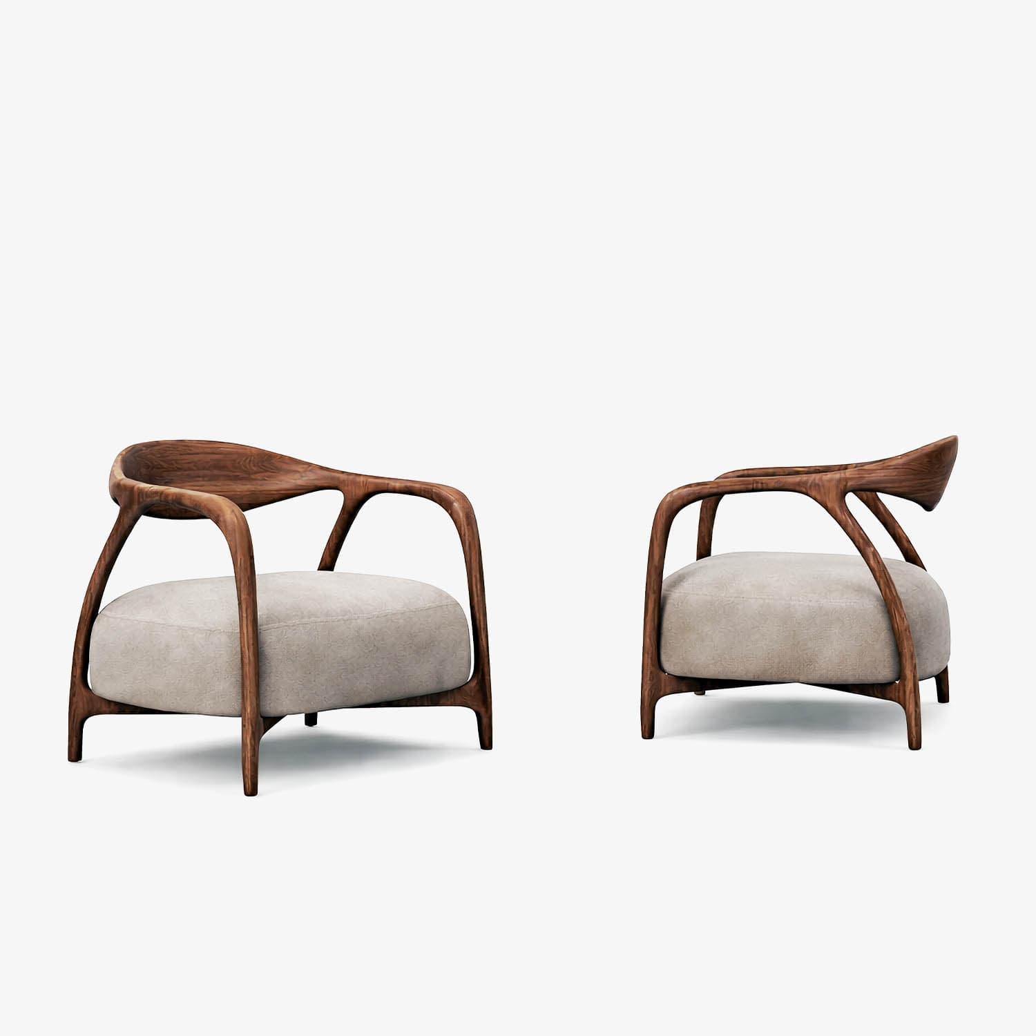 A pair of armchairs with a distinctive organic design. The frames are sculpted from dark wood, featuring curved armrests that flow into the back supports. The seats are upholstered in a light-colored, textured fabric, creating a contrast with the wood. — 3D model
