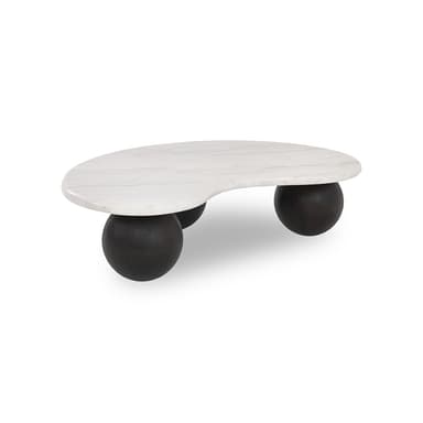 An organic-shaped coffee table featuring a white marble top with natural gray veining, supported by three dark, spherical wooden legs. The tabletop has an irregular, serpentine silhouette, and the spherical legs are evenly distributed underneath, providing a low-profile, sculptural aesthetic. — 3D model