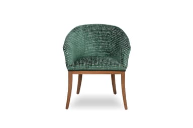 An upholstered armchair featuring a barrel-shaped back and integrated armrests, covered in a dark green velvet fabric with a textured, mottled pattern. The chair is supported by four solid wooden legs that are slightly tapered. — 3D model