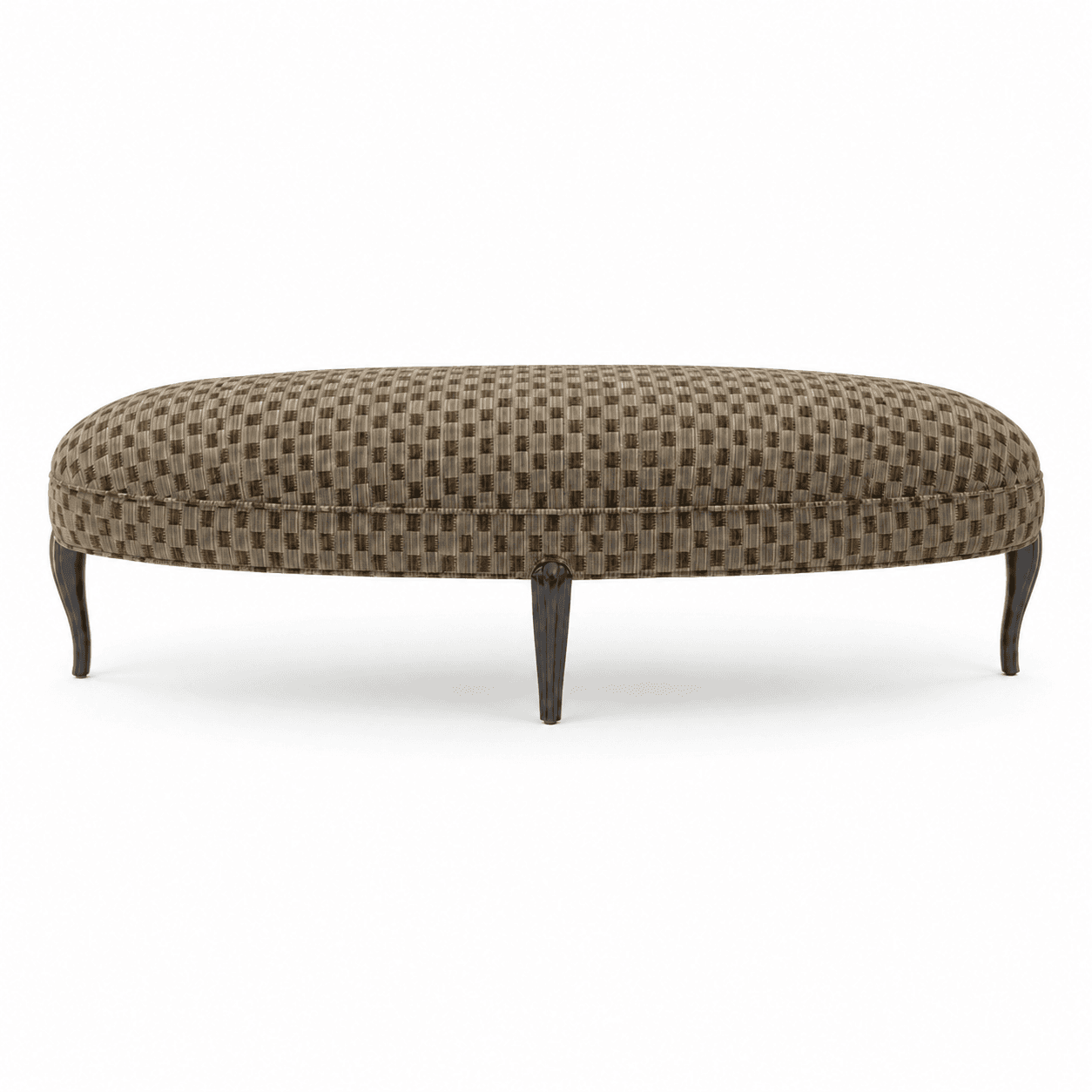 An upholstered oval bench with a geometric woven fabric and four carved wooden legs. The bench has a rounded top and a slightly tapered base. — 3D model