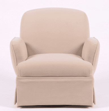A fully upholstered swivel armchair in a light cream or off-white fabric, featuring a skirted base that conceals the swivel mechanism. The chair has a plush, rounded backrest, soft, slightly rolled armrests, and a deep seat cushion. The overall design is transitional, emphasizing comfort and a clean aesthetic. — 3D model