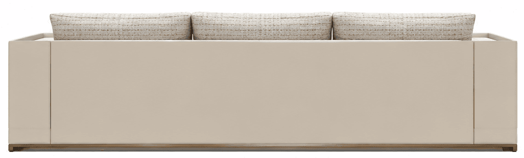 A modern sofa, viewed from the rear, featuring a low-profile, solid box-frame structure in a pale beige or cream color. Three individual, rectangular back cushions with a textured, patterned fabric are placed along the top edge of the frame. A subtle, darker base, likely wood or metal, is visible at the very bottom, creating a slight elevation. — 3D model