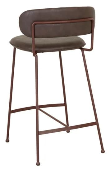 A dark brown upholstered bar stool featuring a slender, reddish-brown metal frame. The stool has a round, padded seat and a gently curved, padded backrest, both covered in a material resembling dark brown leather or faux leather. The metal frame consists of four splayed legs with an integrated footrest and small foot caps. — 3D model
