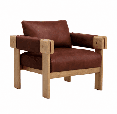 A contemporary armchair featuring a robust wooden frame with squared legs and armrests. The seat and back cushions are upholstered in a rich brown, textured material, likely leather. The armrests have a distinctive design where leather straps wrap around the wooden structure, secured by visible circular fasteners. The wood appears unfinished or lightly treated, showcasing its natural grain. — 3D model