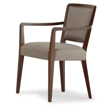 A contemporary armchair with a dark wood frame and white upholstery on the seat and back. The armchair features a squared backrest and seat, with slightly curved armrests that transition into the legs. The legs are tapered and straight. — 3D model