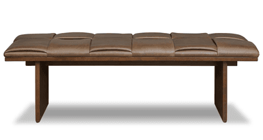 A long, rectangular bench featuring a dark brown segmented leather cushion top and a sturdy dark-stained wooden frame with two prominent slab-style legs. — 3D model
