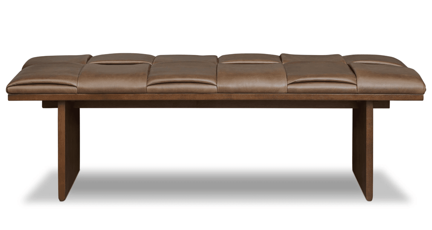A long, rectangular bench featuring a dark brown segmented leather cushion top and a sturdy dark-stained wooden frame with two prominent slab-style legs. — 3D model