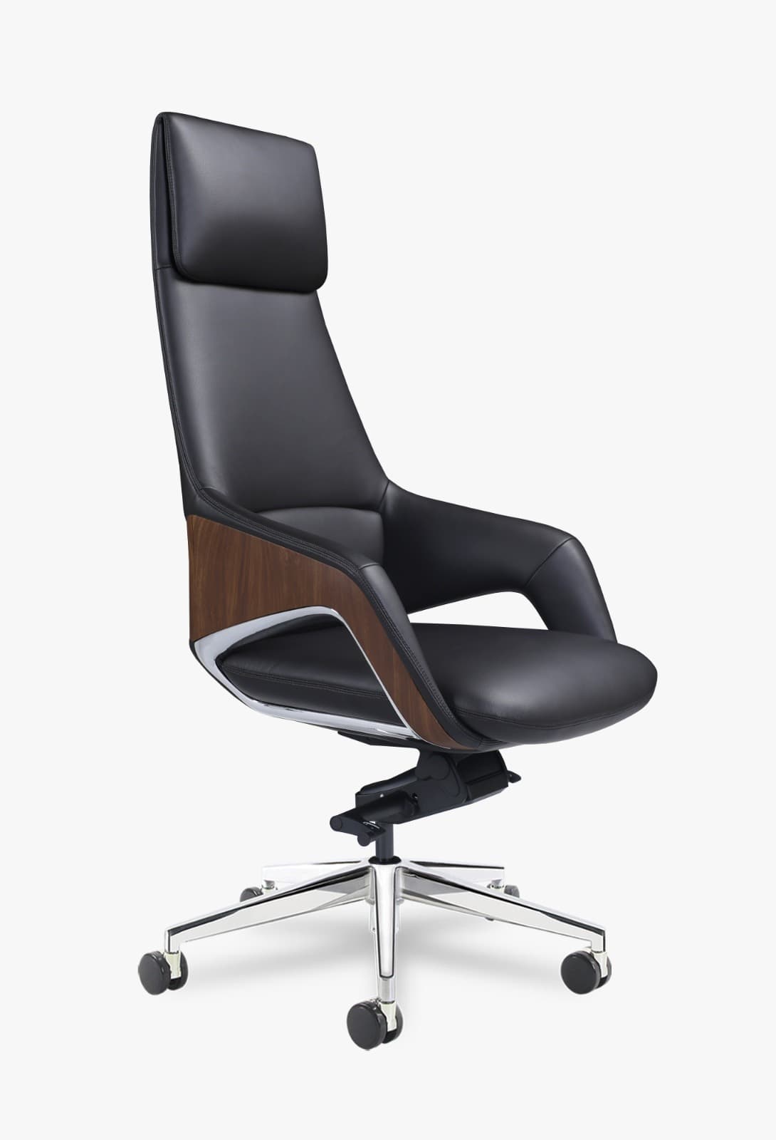 A modern high-back executive office chair featuring black leather upholstery, ergonomic design, integrated wood-grain side panels, chrome-finished arm supports, and a five-star polished chrome base with casters. — 3D model