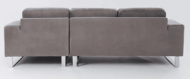 A plush, grey sectional sofa with a chaise lounge extension. The sofa features a modern design with clean lines and supportive back cushions. It is supported by sleek, polished metal legs. — 3D model