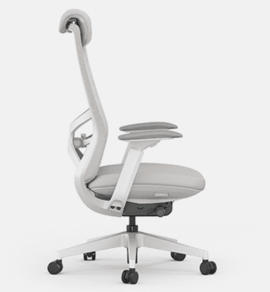 A contemporary ergonomic office chair featuring a high back with a headrest, upholstered in a light-colored mesh fabric, a padded seat, adjustable armrests, and a five-star caster base. — 3D model