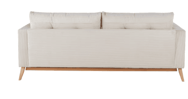 A contemporary two-seater sofa featuring a clean-lined profile, upholstered in a ribbed, cream-colored fabric, and supported by a light-toned wooden frame and tapered legs. It includes two loose seat cushions, two loose back cushions, and two matching accent pillows. — 3D model