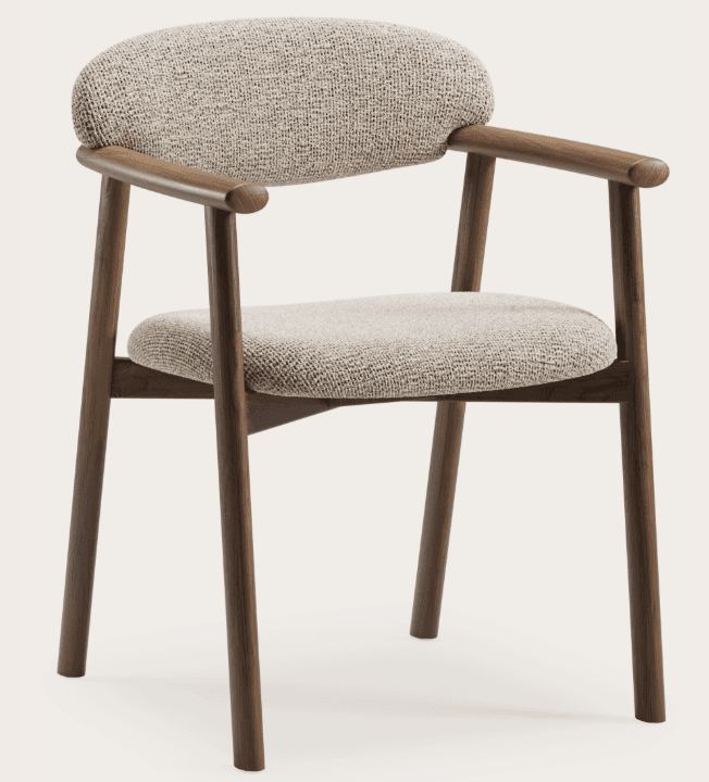 A modern upholstered armchair featuring a solid wood frame with integrated armrests and a rounded upholstered seat and back. — 3D model