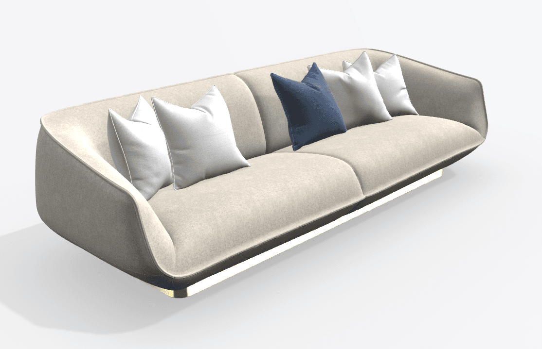 A modern three-seater sofa featuring a distinctive curved silhouette and a low-profile design. The sofa is upholstered in a light beige/cream fabric, with integrated thin arms that gently curve outwards. It has three segmented seat cushions and four loose back cushions, two white and one blue, adding a contrasting accent. The sofa sits on a dark-toned base with a subtle golden/brass metallic trim along the bottom edge, giving it a floating appearance. — 3D model