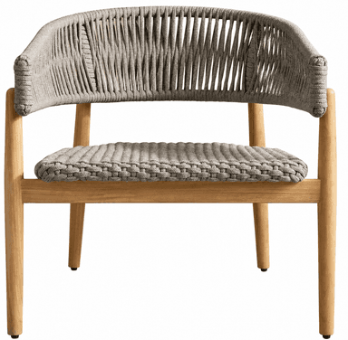 A contemporary armchair featuring a light-toned wooden frame and a gray woven rope back and seat. The backrest gracefully curves around, seamlessly integrating the armrests. The seat also consists of a tightly woven gray rope panel. The chair is supported by four slender, slightly splayed, tapered wooden legs. — 3D model