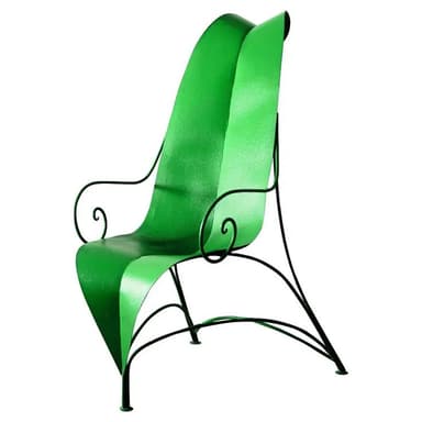 A highly sculptural accent chair featuring a vibrant green, leaf-like form for the seat and backrest, supported by a slender black wrought iron frame with delicate scrollwork armrests. — 3D model