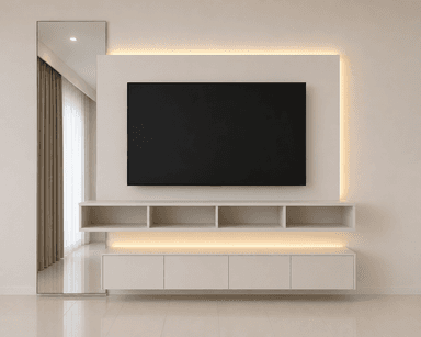 A modern floating wall-mounted entertainment unit featuring a central panel designed to accommodate a television. The unit includes an upper section with open shelving bays and a lower section with enclosed cabinet storage, both designed with a clean, minimalist aesthetic. Integrated LED strip lighting is visible at the top and between the main shelving unit and the lower cabinets, providing ambient illumination. — 3D model