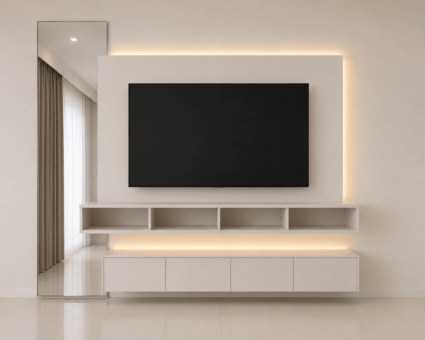 A modern floating wall-mounted entertainment unit featuring a central panel designed to accommodate a television. The unit includes an upper section with open shelving bays and a lower section with enclosed cabinet storage, both designed with a clean, minimalist aesthetic. Integrated LED strip lighting is visible at the top and between the main shelving unit and the lower cabinets, providing ambient illumination. — 3D model