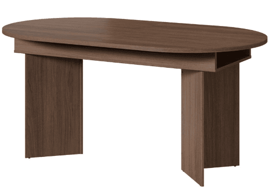 An oval-shaped conference table constructed from dark brown laminate, featuring a prominent wood grain pattern. The tabletop appears to float above a sturdy base comprised of two large panel legs, which also feature the same dark wood-look laminate finish. A subtle inset layer below the main tabletop adds to the design. The overall aesthetic is modern and functional, suitable for a meeting or dining environment. — 3D model