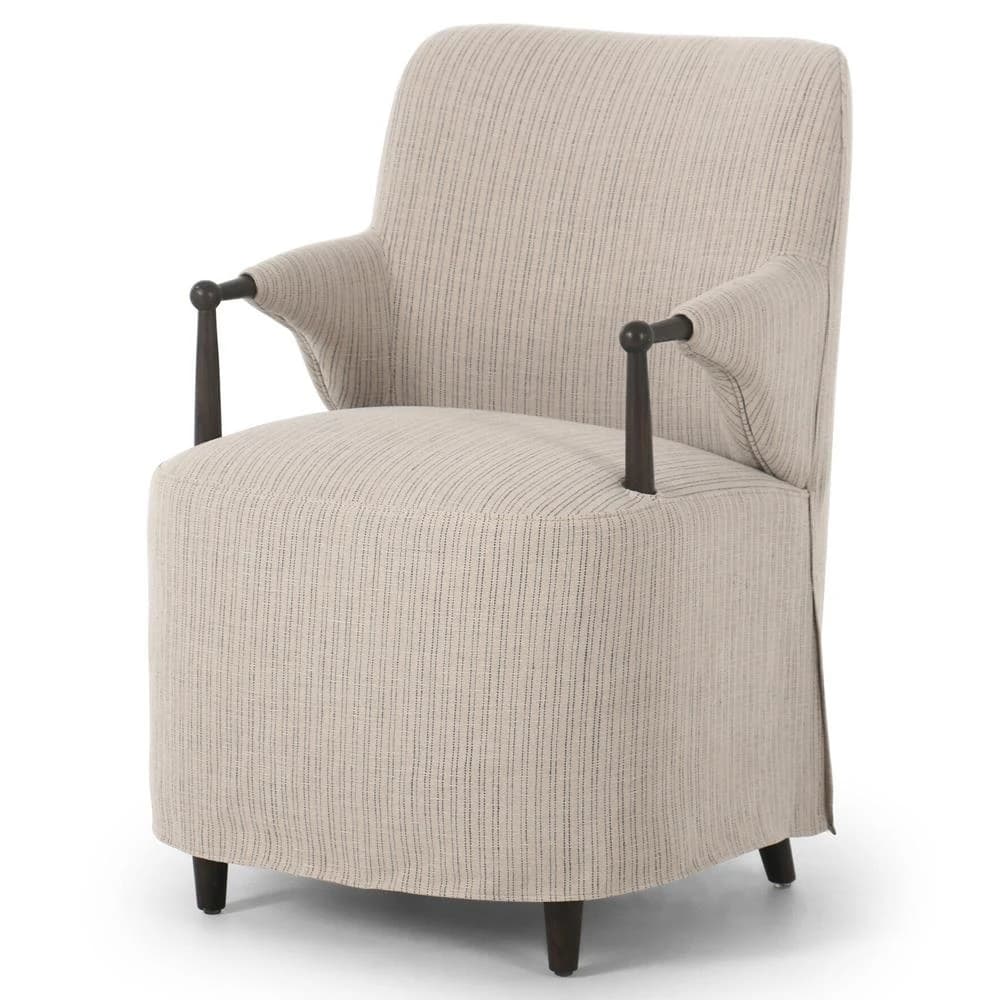 An upholstered accent armchair featuring a transitional design. The chair is covered in a light beige fabric with a subtle vertical stripe pattern. It has exposed dark brown wooden armrests that curve elegantly, topped with a rounded finial detail. The base of the chair includes a fabric skirt that partially conceals short, tapered dark brown wooden legs. The backrest is high, and the overall silhouette is softly rounded. — 3D model