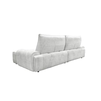 A rear-side view of a contemporary upholstered sectional sofa in a light gray textured fabric, featuring distinct modular sections, separate back cushions, and a low-profile design. — 3D model