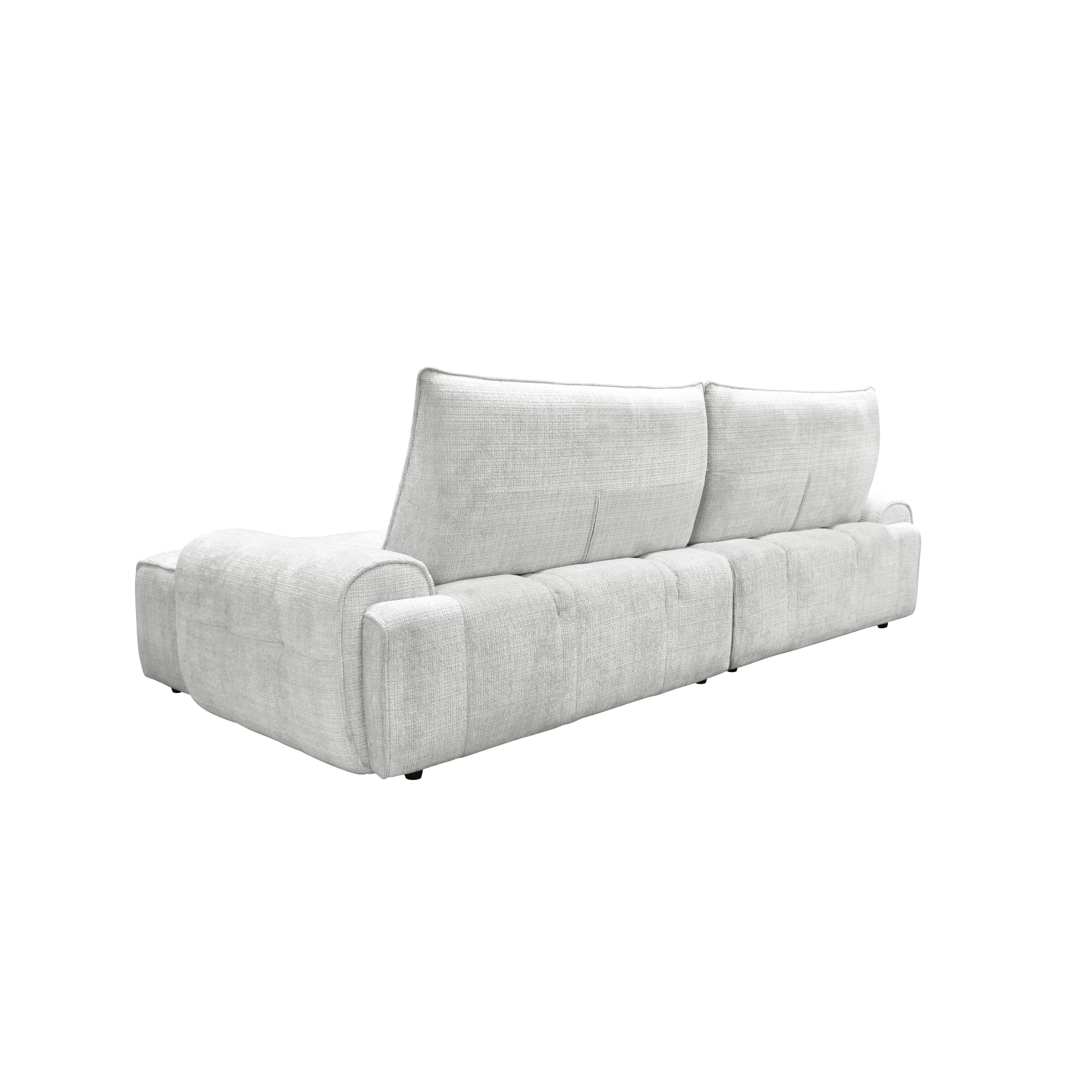 A rear-side view of a contemporary upholstered sectional sofa in a light gray textured fabric, featuring distinct modular sections, separate back cushions, and a low-profile design. — 3D model