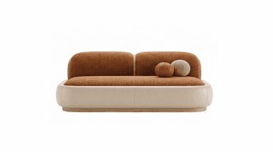 A contemporary two-seater loveseat featuring a distinct two-tone upholstery design. The seating surface and backrests are upholstered in a textured terracotta or rust-colored fabric, while the base and outer shell are covered in a smooth, light beige or cream-colored material, likely leatherette or a fine-grain leather. The design is characterized by rounded edges and a low profile, with the main body resting on a subtle wooden plinth base. Two spherical cushions, one in brown leather and one in a light woven fabric, are placed on the seat. — 3D model
