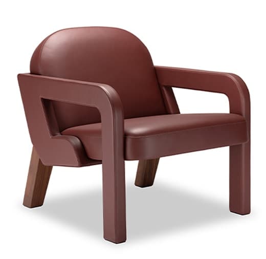 A modern armchair featuring a distinctive wraparound frame entirely clad in burgundy leather, which forms the front legs and integrated armrests. The seat and backrest are also upholstered in matching burgundy leather, offering a clean, contemporary aesthetic. The rear legs are exposed, made of a dark-toned wood, providing a subtle contrast. — 3D model