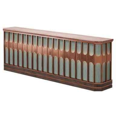 An elongated, modern console table featuring a distinctive architectural design. The top surface is a warm reddish-brown wood, matching the repeating arch-shaped panels on the front facade. These panels alternate with recessed, vertically oriented, rectangular sections that appear to be made of a lighter, translucent material, possibly wood veneer or frosted glass, which are internally illuminated. The entire structure rests on a darker, possibly ebonized, wood base with a subtle tiered profile. The piece is highly decorative and designed to be a focal point. — 3D model