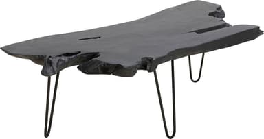 A rectangular coffee table featuring a live edge wood slab top finished in black, supported by four black metal hairpin legs. The tabletop retains its natural, irregular edges and surface imperfections, contributing to its organic aesthetic. — 3D model