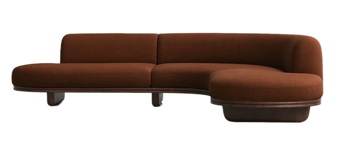A modular, curved sofa with a low profile and rounded arms. The sofa is upholstered in a textured brown fabric and features a dark wood base and legs. It is configured as a sectional with at least two main seating modules and an extended chaise or end section. — 3D model