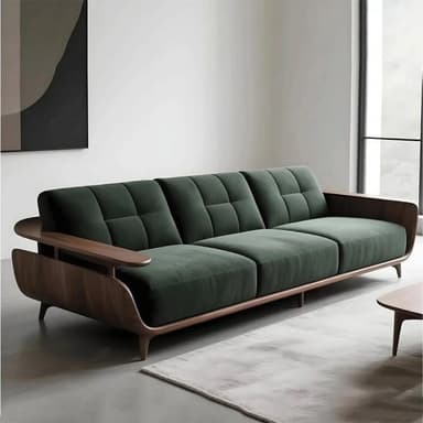 A three-seater sofa featuring a distinctive exposed walnut wood frame that forms the backrest and armrests. The upholstery consists of three individual seat cushions and three segmented, button-tufted back cushions, all in a dark green fabric. The armrests are curved, and the sofa is supported by four slender, tapered wooden legs. — 3D model