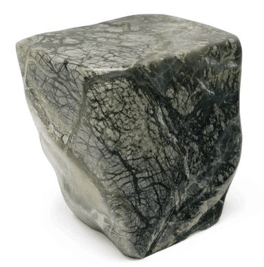A square-topped, roughly cubic stool carved from a single piece of veined green and dark gray stone. The top surface is flat with slightly rounded edges. The sides exhibit organic, uneven contours, suggesting natural stone formation rather than precise carving. The stone has a polished finish with intricate patterns of lighter veins and darker inclusions. — 3D model