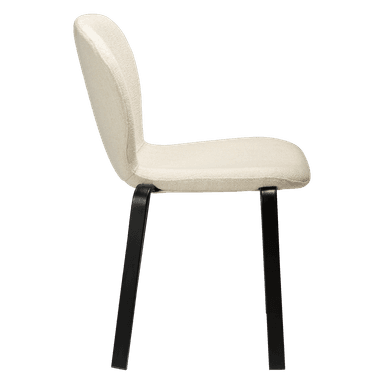 A modern chair with a molded seat and backrest upholstered in a textured, light-colored fabric. The base consists of four slender, dark-colored legs with a minimalist design. — 3D model