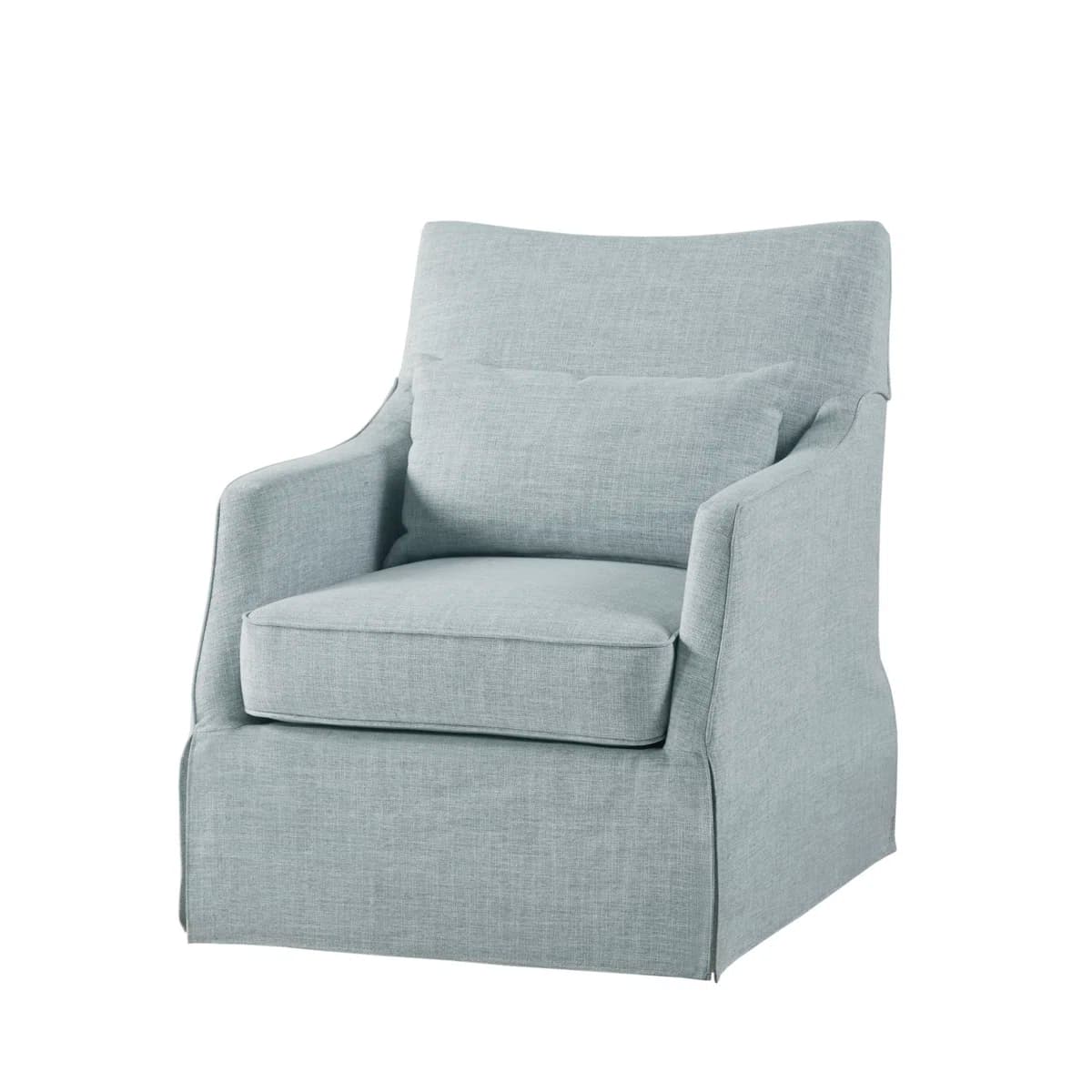 A light blue upholstered armchair with a loose back cushion and a plush seat cushion. The armchair features flared arms and a skirted base that conceals the legs, suggesting a transitional or modern style. The fabric appears to be a textured linen blend. — 3D model