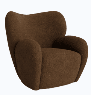 A contemporary armchair with a distinct, organic silhouette. The chair features a generously padded seat, backrest, and armrests, all enveloped in a textured boucle fabric. Its form is rounded and inviting, with a slightly scooped back and integrated armrests that flow seamlessly from the main body. — 3D model