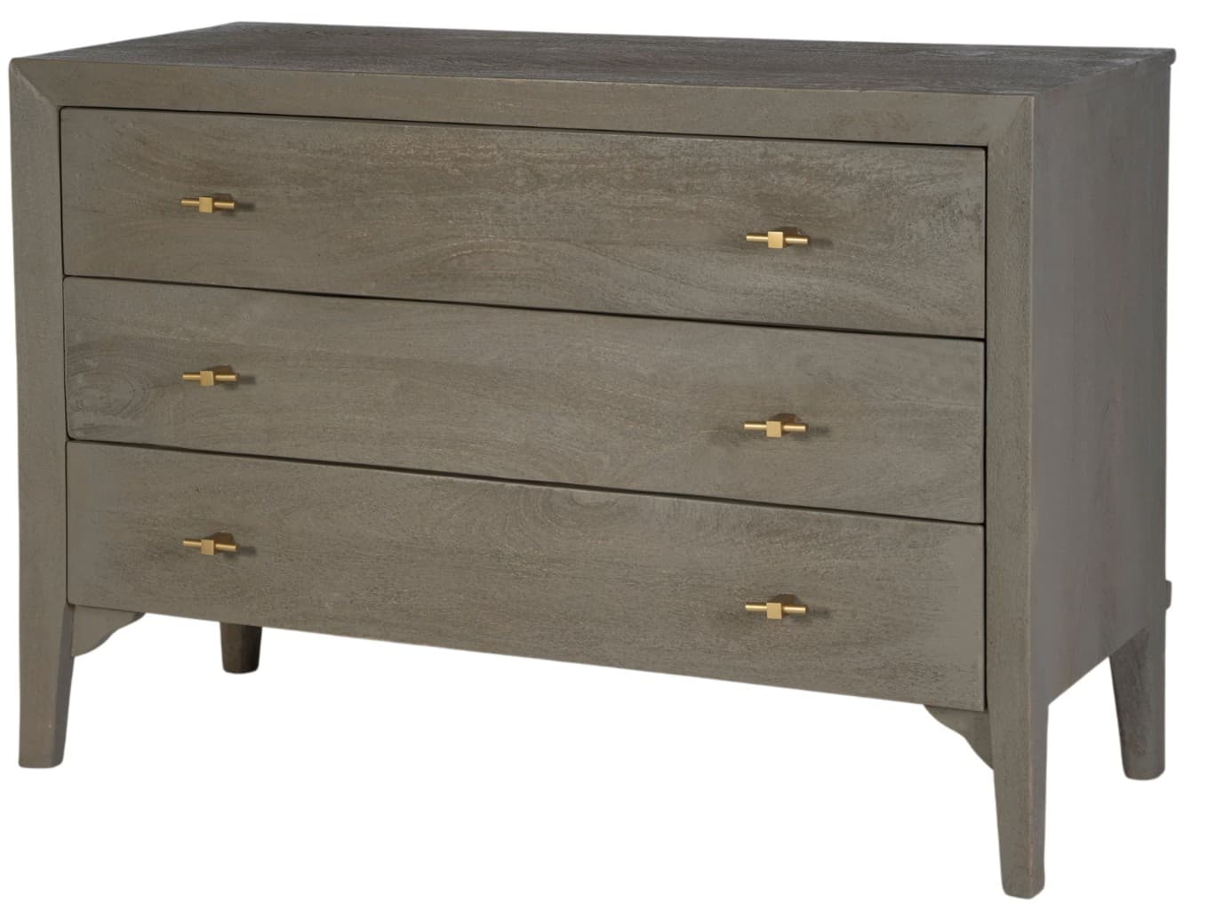 A three-drawer chest of drawers with a rectangular top and a body supported by four tapered legs. The drawer fronts exhibit a prominent wood grain texture. Each drawer is fitted with a horizontal brass pull. The overall design suggests a modern or transitional style. — 3D model