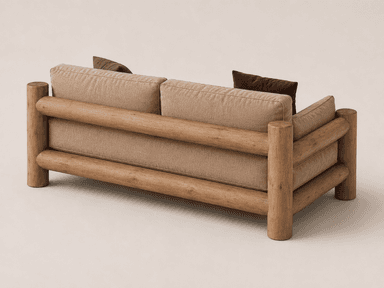 A two-seater sofa featuring a distinctive frame made from robust, rounded wooden logs, upholstered in a textured beige fabric. — 3D model