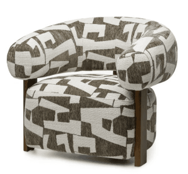 A contemporary barrel-shaped ottoman featuring a distinctive two-tiered upholstered design. The top cushion is a rounded cylinder, and the lower section is a matching upholstered drum, both covered in a durable woven fabric with an abstract geometric pattern in shades of brown and off-white. The two upholstered sections are separated and supported by four sturdy wooden legs with a medium brown finish. This piece functions as both extra seating and a decorative accent. — 3D model
