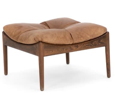 A Mid-Century Modern ottoman featuring a dark-grained rosewood frame with elegantly curved rails and tapered round legs, supporting a plush, light brown tufted leather cushion. — 3D model