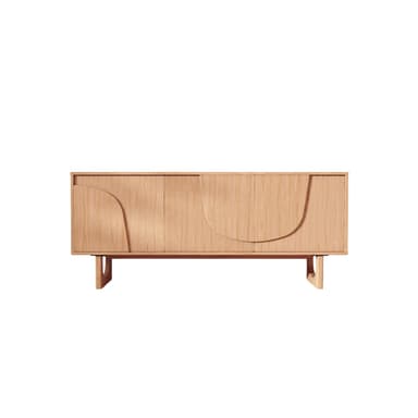 A modern, light-toned wooden sideboard featuring four cabinet doors. The two outer doors are adorned with carved or recessed abstract, curving lines that form an aesthetic pattern across the facade. It stands on two unique, sculptural wooden legs, one at each end, providing a stable and stylish base. — 3D model
